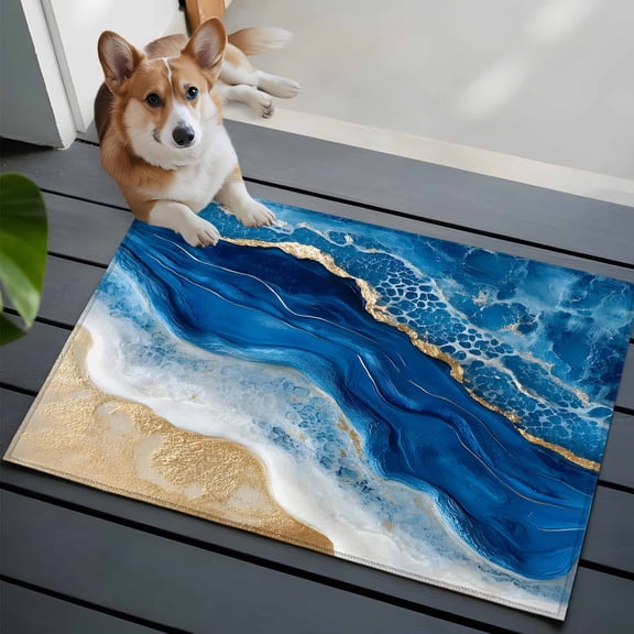 Abstract Waves Washable Area Rug 2x3 111 White Gold Blue Ocean Oil Painting Style Low-Profile Area Rugs with Non Slip Backing Indoor Floor Carpet for Entrance Living Room Bedroom Home Office