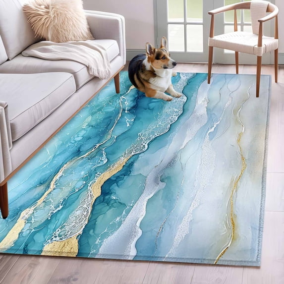 Abstract Waves Washable Area Rugs 4'x6', Spray Beach Ocean Watercolor Low Pile Throw Living Room Rug Non-Slip Sturdy Edge Binding Carpet for Indoor Entryway Bedside Kitchen