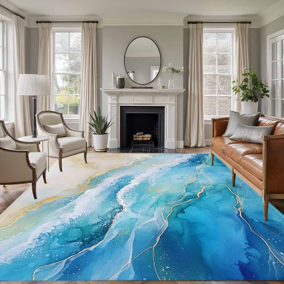 Abstract Waves Washable Living Room Rugs 5'x7', Surrealism Spray Beach Ocean Watercolor Low Pile Throw Large Area Rugs Non-Slip Sturdy Edge Binding Carpet for Dining Room Bedside Kitchen