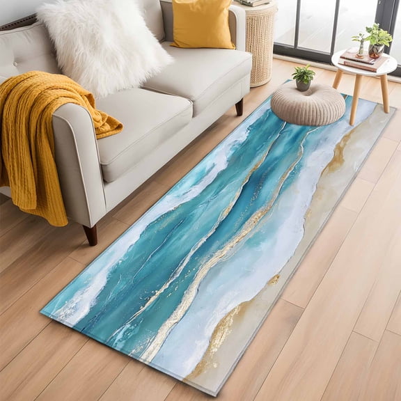 Abstract Waves Washable Runner Rugs 2'x6', Ocean Surrealism Spray Beach Watercolor Low Pile Throw Entryway Rug Non-Slip Sturdy Edge Binding Carpet for Indoor Bedside Entrance Bedside