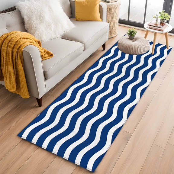 Abstract Waves Washable Runner Rugs 2'x6', Stripes Navy Blue Water Ripple Low Pile Throw Entryway Rug Non-Slip Sturdy Edge Binding Carpet for Indoor Bedside Entrance Bedside