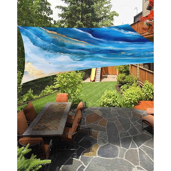 Abstract Waves Waterproof Sun Shade Sail Retro Blue Gold White Oil Painting Style Outdoor Patio Sun Shades Canopy UV Block Waterproof Sunshade for Garden Backyard Deck Pergola 8x10 Ft