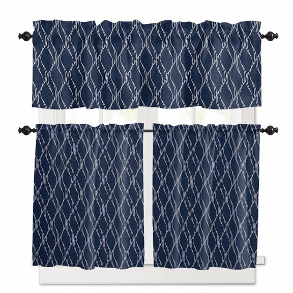 Abstract Waves Window Curtains Valance Set of 3 Modern Abstract Geometric Navy Blue Water Ripples Rod Pocket Small Kitchen Curtain, Soft Window Treatment for Bedroom Party Holiday Decor