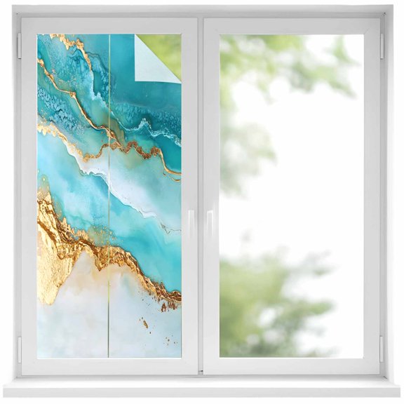 Abstract Waves Window Privacy Film Blue Retro Oil Painting Style Hand-painted Decorative Glass Window Film UV Blocking Static Cling Non-Adhesive Sticker Covering for Home Door 19.6 x 39.3 inches
