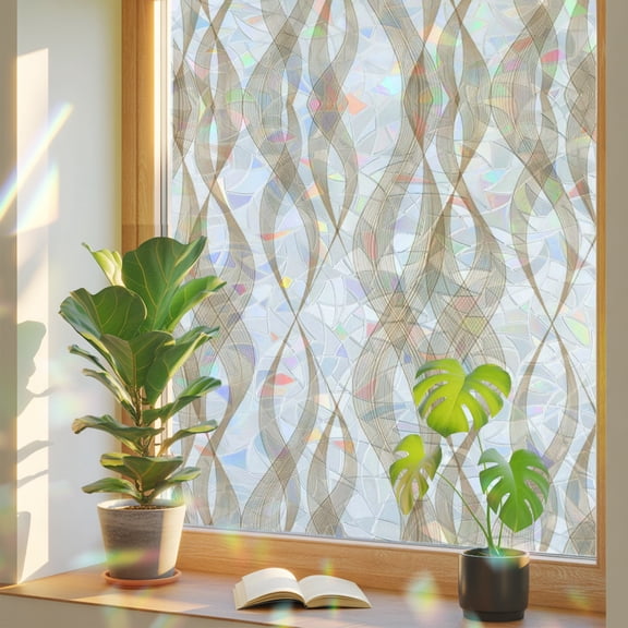 Abstract Waves Window Privacy Film, Brown Woven Lattice Modern Stained Glass Rainbow Film Decorative Window Clings, Static Cling Sun Blocking Stickers 23.6" x 59"
