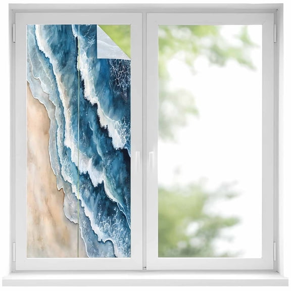 Abstract Waves Window Privacy Film, Spray Blue White Ocean Seaside Watercolor Frosted Glass Window Clings Static Cling UV Heat Blocking Reusable Door Sticker for Bathroom 17.7 x 39.3 Inch