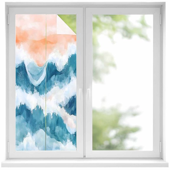 Abstract Waves Window Privacy Film Spray Orange Blue White Gradient Decorative Glass Window Film UV Blocking Static Cling Non-Adhesive Sticker Covering for Home Door 17.7 x 39.3 inches