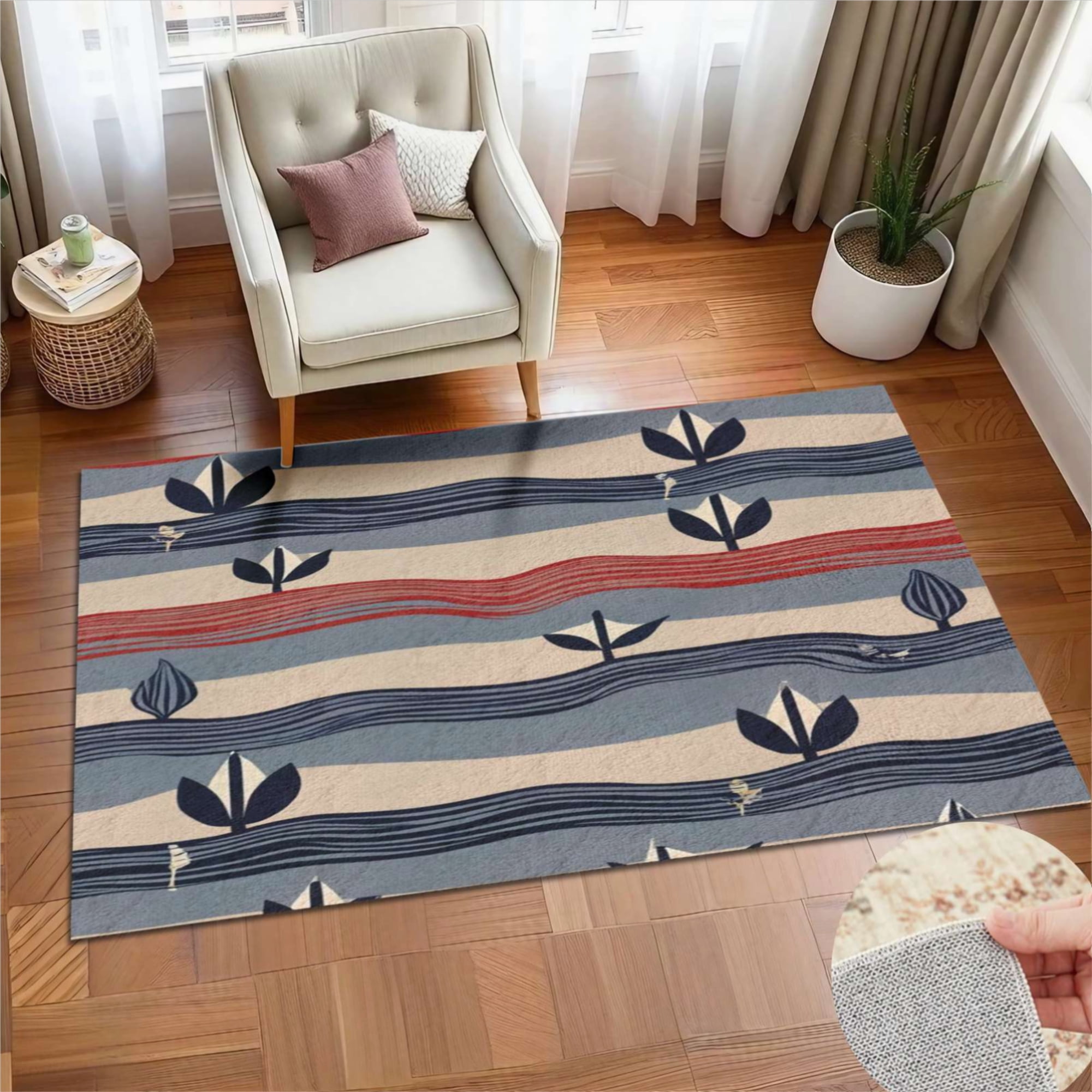 Abstract Wavy Floral Pattern Soft Large Area Rugs Washable Rug With Non ...