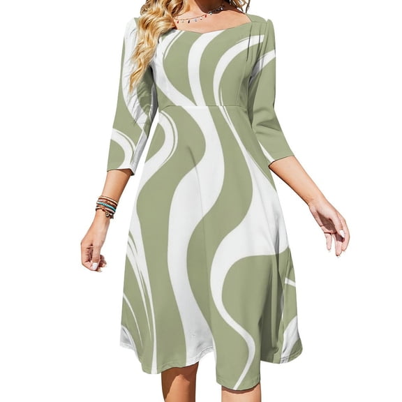 Abstract Wavy Green White Pattern Women's 3/4 Sleeve Dresses Elegant A-Line Midi Dress Flare Summer Casual Sundress