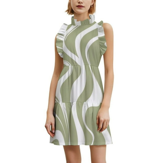 Abstract Wavy Green White Pattern Women's Fashion Casual Dress Summer Stand Up Collar Ruffles Sleeve Dress Elegant Dresses