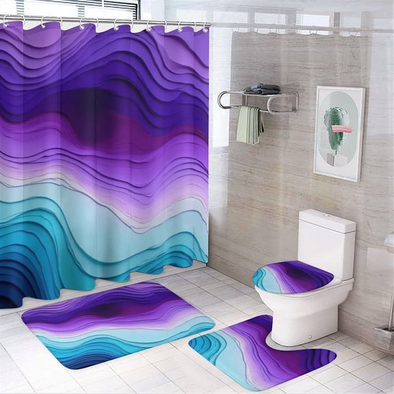 Abstract Wavy Layer Pattern Shower Curtain Set Modern Bathroom Decor Mats 4pcs Fabric Bathroom Curtain Slip Floor Rug Toilet Lid