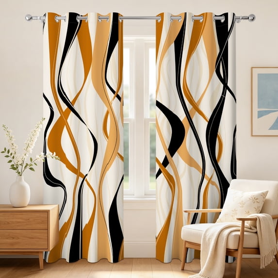 Abstract Wavy Line Blackout Curtains,Thermal Insulated,Grommet Top,2 Panels,42x63 Inch,Black Orange