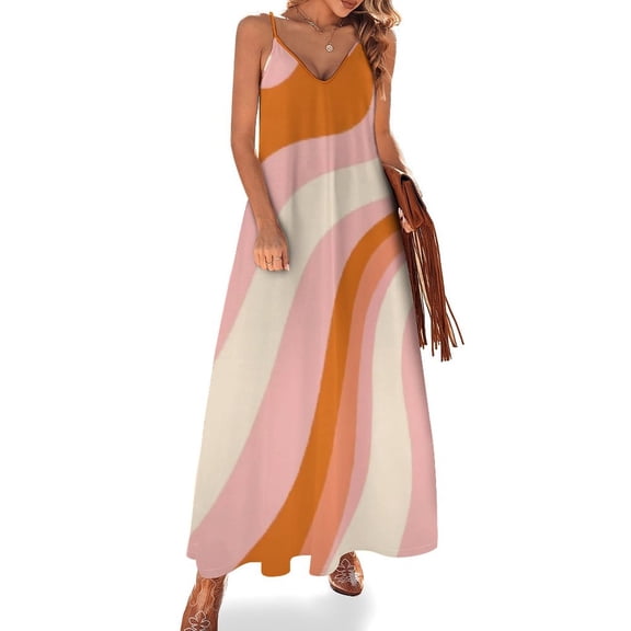 Abstract Wavy Pastel Orange Pink Sleeveless Dress Women's Evening Dress Womans Clothing