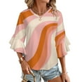 thumbnail image 1 of Abstract Wavy Pastel Orange Pink Women's V-Neck Blouse With 3/4 Ruffled Bell Sleeves Casual Top Ladies Blouses, 1 of 7
