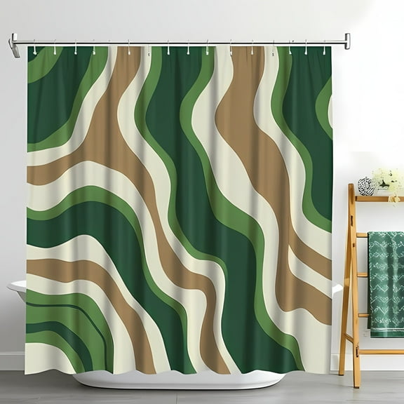 Abstract Wavy Pattern Shower Curtain in Green Brown and Cream - Modern Bathroom Decor Water - Fabric