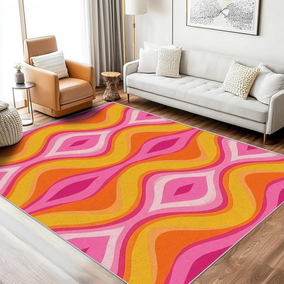 Abstract Wavy Stripe Area Rugs, Pink Yellow Orange Carpet, Washable Non Slip Low Pile Soft Rug for Bedroom Living Room Decor Mat 3ftx5ft