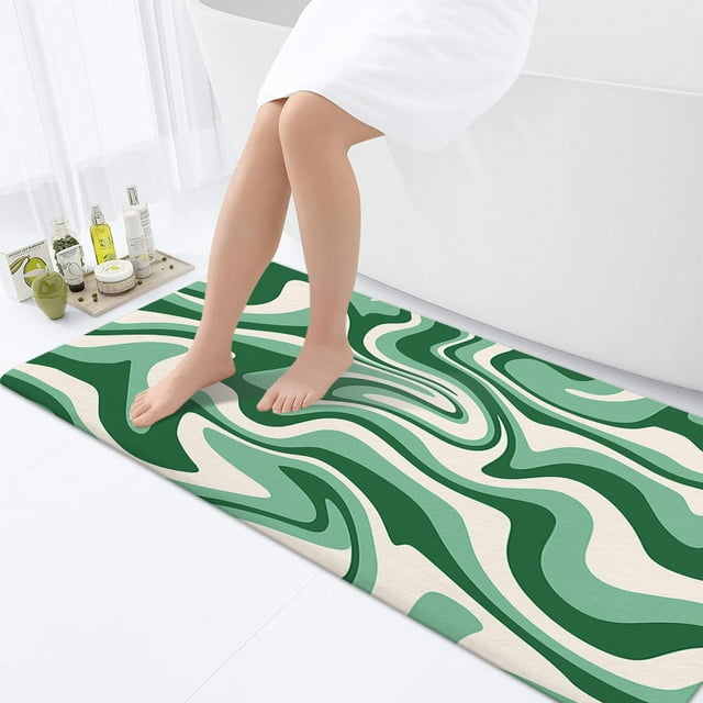 Abstract Wavy Swirl Aesthetic Bathroom Rugs, Cute Sage Green Bathroom Rugs, 60s 70s Swirl Retro