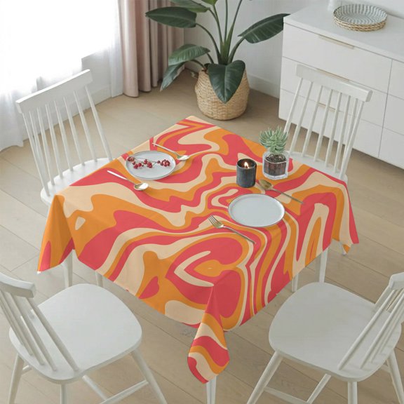 Abstract Wavy Swirl Table Cloth 54x54in, Waterproof Square Tablecloth Wipeable Tablecloths Modern Orange Pink Stripe Table Covers for Dining Tables Party Indoor Outdoor