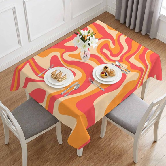 Abstract Wavy Swirl Table Cloth 60x84in, Waterproof Rectangle Tablecloth Wipeable Tablecloths Modern Orange Pink Stripe Table Covers for Dining Tables Party Indoor Outdoor