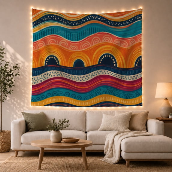 Abstract Wavy Tribal Bands with Blue Arches, Energetic Boho Decor for Boho Decor Lovers, Vibrant Wall Art, Housewarming Gift Tapestry Wall Hanging for Living Room, Bedroom and Dorm