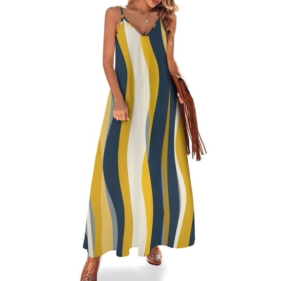 Abstract Wavy Yellow Blue Lines Sleeveless Dress Dresses Women Summer Women's Summer Clothing