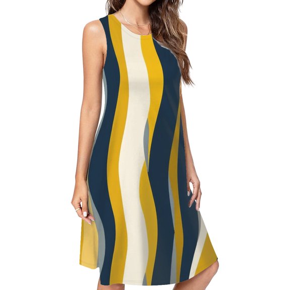 Abstract Wavy Yellow Blue Lines Spring Summer Dresses For Women Fashion Dress Casual Sleeveless Loose Sundress With Pockets