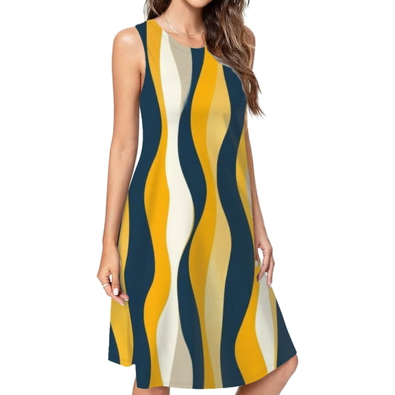 Abstract Wavy Yellow Navy Lines Dress Loose Women'S Dress Beach Dresses With Pockets Dresses For Womens