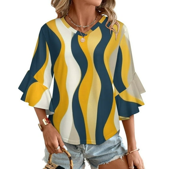 Abstract Wavy Yellow Navy Lines Women's V-Neck Blouse With 3/4 Ruffled Bell Sleeves Casual Top Ladies Blouses