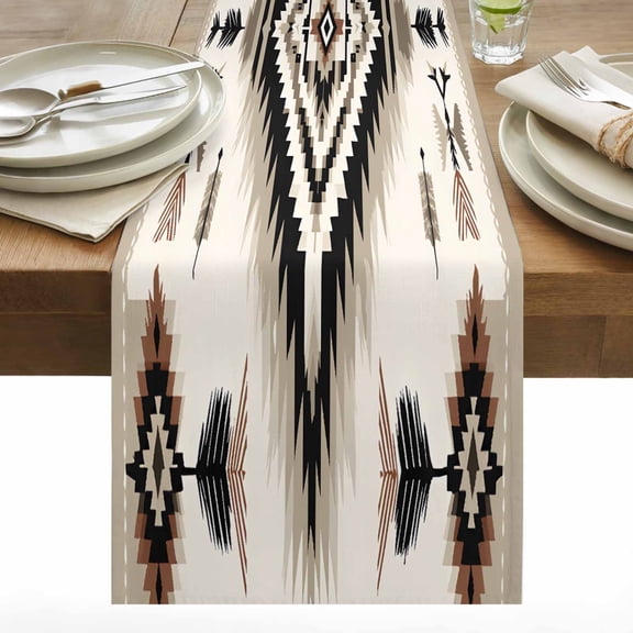 Abstract Weaving Pattern Table Runner 13x36 inch Retro Brown Ethnic Style Art Cotton Linen Dining Table Runner Ideal for Dresser Kitchen Coffee Tables - Machine Washable