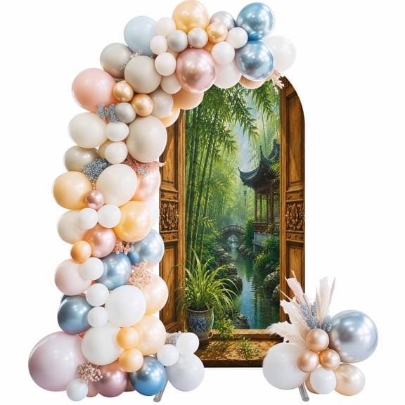 Abstract Wedding Arch Cover 4FT Open-window Landscape Oriental Pavilion Arch Backdrop Cover Round Top Chiara Backdrop Stand Covers for Party Birthday Ceremony Decor