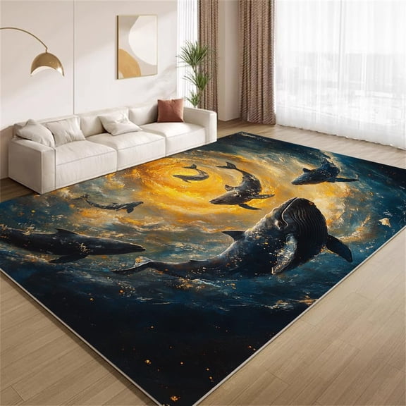 Abstract Whale Area Rugs, Retro Ocean Animal Pattern Carpet, Washable Non Slip Low Pile Soft Rug for Living Room Bedroom Decor Mat 5ftx8ft