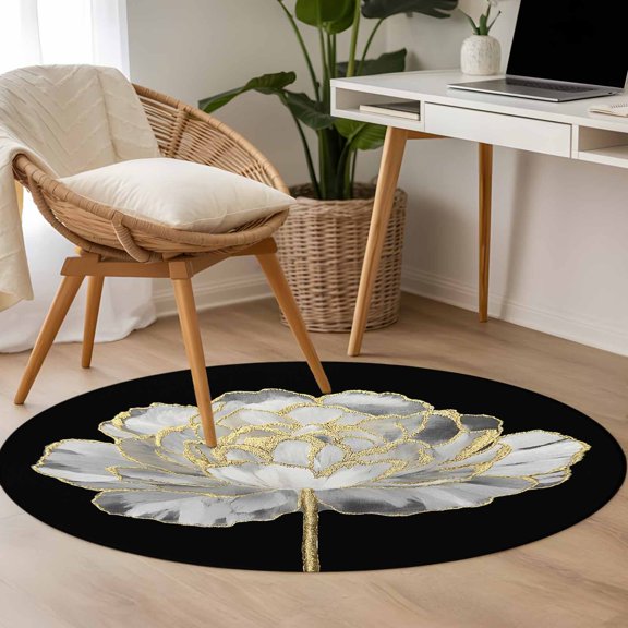 Abstract White 3.3ft Round Rug for Bedroom Reading Corner, Gold Floral Black Background Modern Art Washable Non Slip Circle Area Rug