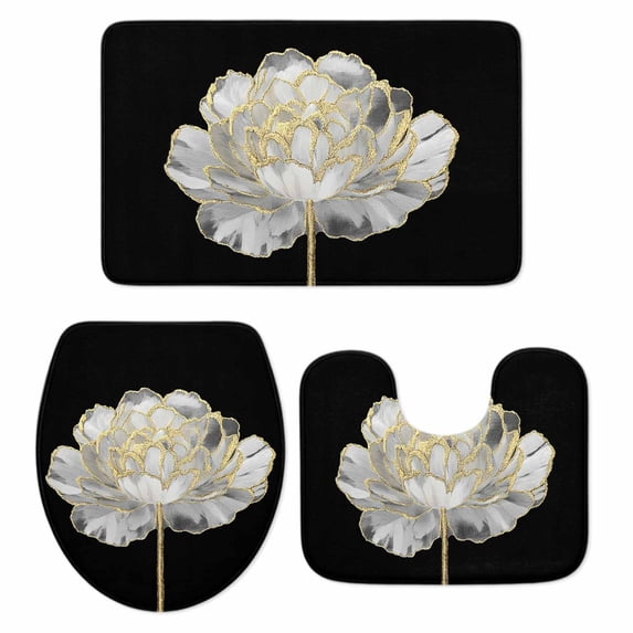 Abstract White Bathroom Rugs Set Gold Floral Black Background Modern Art Non Slip Absorbent Soft Bath Mats 3 Piece Set with Bathroom Rug, U-Shaped Floor Mat, Toilet Seat Cover Small Size