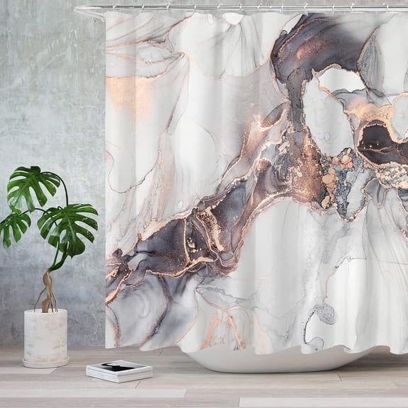 Abstract White Black and Rose Gold Marble Texture Shower Curtain Sets, Modern Ink Bathroom Decoration 72x72 Inch with Hooks