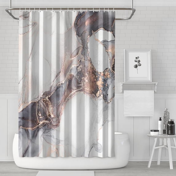 Abstract White Black and Rose Gold Marble Texture Shower Curtain Sets, Modern Ink Bathroom Decoration 72x72 Inch with Hooks