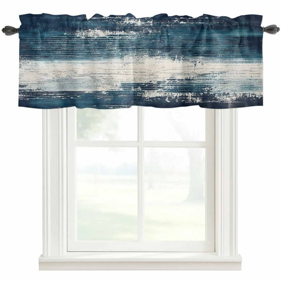 Abstract White Blue Window Valance Curtain Simple Style Rod Pocket Short Curtain for Living Room, Bedroom & Kitchen Window Decor 42x18in