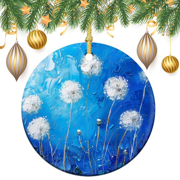 Abstract White Dandelions Christmas Ornaments Blue Dandelion White Flower Flora Plant Funny Christmas Ornaments Christmas Decorations Ceramic Ornaments