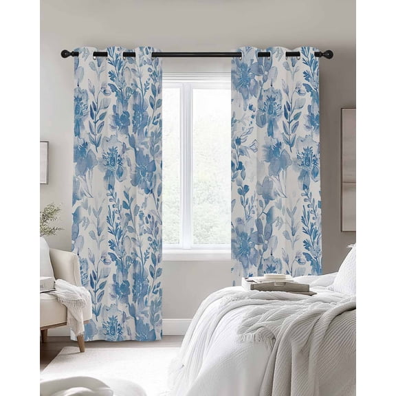 Abstract Off White Floral Blackout Curtains 2 Panels Watercolor Plants Flowers Leaf Thermal Insulated Grommet Window Curtains for Bedroom Living Room 52"x45"