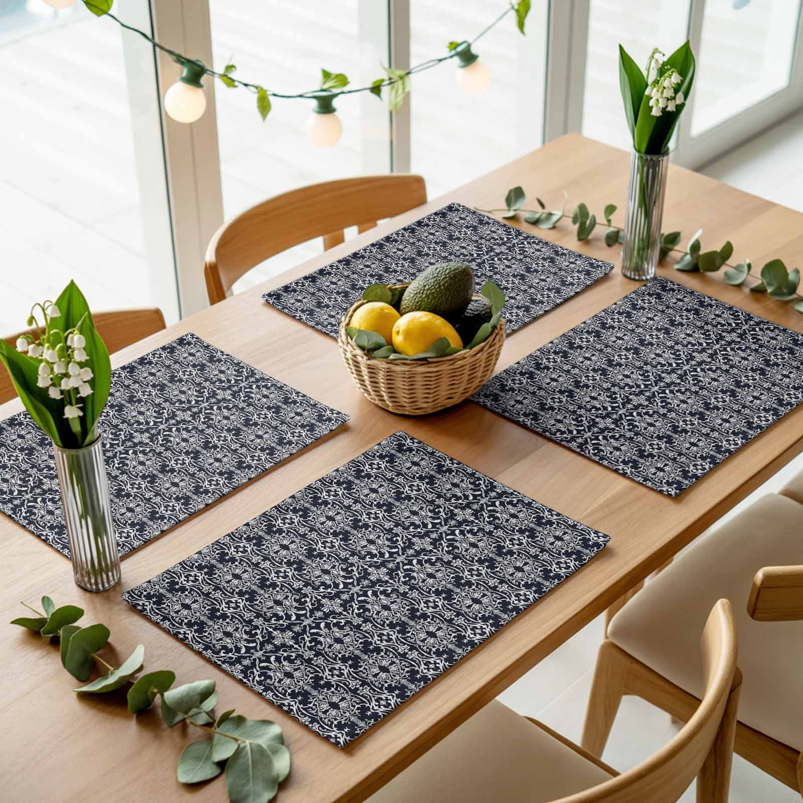 Abstract White Floral on Dark Blue Placemats Set of 4,Wipeable Washable ...
