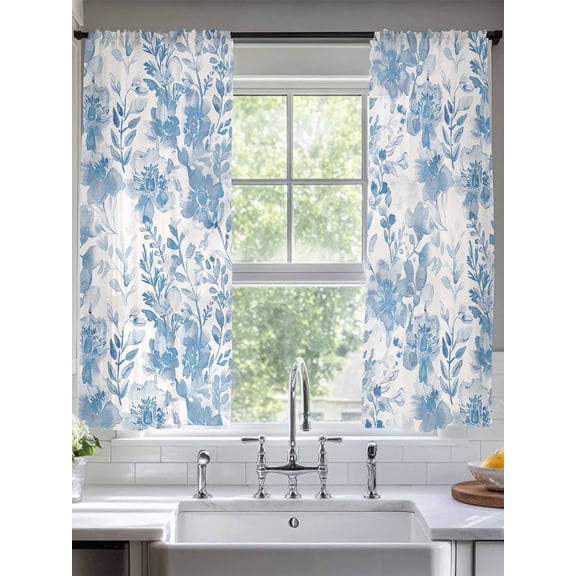 Abstract Off White Floral Sheer Curtains 2 Panels Set, 52" W x 72" L Watercolor Plants Flowers Leaf Light Filtering Rod Pocket Voile Drapes, Window Sheer Curtains for Living Room/Bedroom