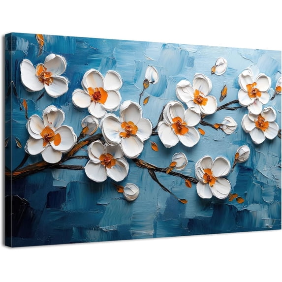 Abstract White Flower Canvas Wall Art, Oil Painting Style Floral Print, Modern Blue Background Flower Wall Decor for Living Room Bedroom Office, Ready to Hang