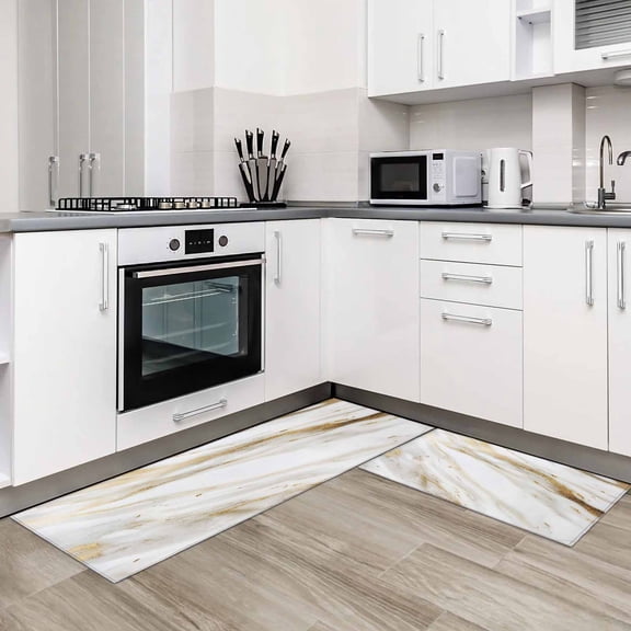 Abstract White Gold 2 Pieces Non-Slip Kitchen Mat Set Simple Marble Geometric Soft Door Mat with Rubber Backing,Dirtproof Rugs for Entrance Doorway 18x30in+18x60in