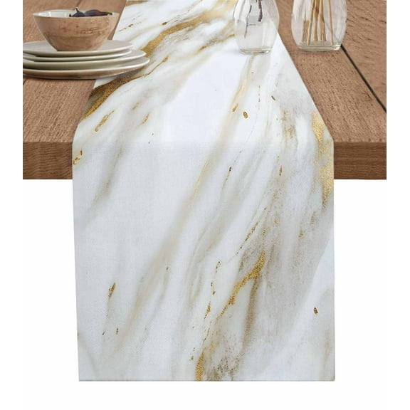 Abstract White Gold Burlap Cotton Table Runner 16x72 Inches Long, Simple Marble Geometric Farmhouse Table Runners, Outdoor Dining Tablecloths Decor for Baby Shower/Party/Wedding