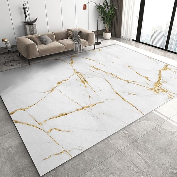 Abstract White Gold Cracked Marble Washable Rugs, Nordic Luxury Floor Area Rug, Non Slip Foldable Breathable Mat For Living Room Bedroom Entryway Hallway Office Apartment 5x8ft