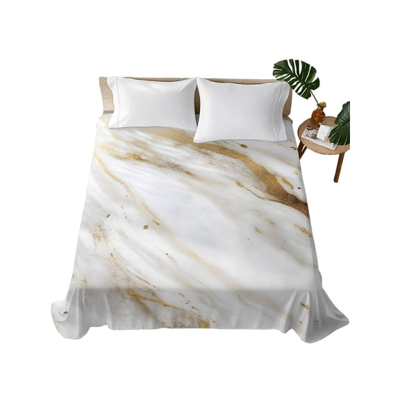 Abstract White Gold Flat Sheets Only King Size, Soft Breathable Bed Top Sheets for Mattress, Simple Marble Geometric Luxury Bedding Flat Sheets for Home Hotel Bedroom Bed Protection