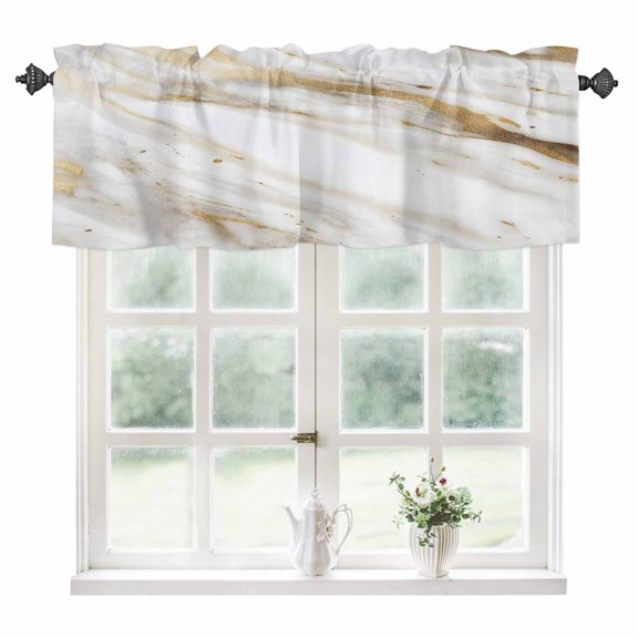 Abstract White Gold Kitchen Valances for Windows 60x18 Inch Kitchen Curtains Valances Rod Pocket Simple Marble Geometric Bathroom Window Valances for Window Treatment Decor