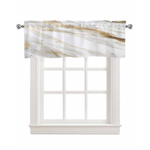 Abstract White Gold Kitchen Valances for Windows Farmhouse Linen Window Valance Curtain for Living Room Window Treatment Simple Marble Geometric Valance Rod Pocket Topper Drape, 54 x 18 Inch