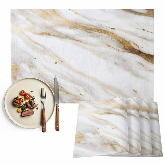 Abstract White Gold Placemats Set of 6, Simple Marble Geometric Washable Wipeable Table Mats for Dining Tables, Indoor Outdoor Kitchen Place Mats for Holiday Party Table Decor