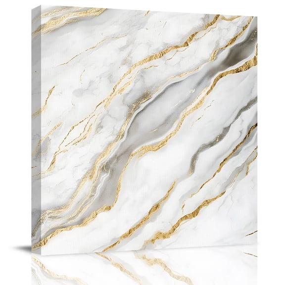 Abstract White Marble Texture Canvas Artwork Painting Art, Retro Golden Veins Seamless Square Framed Wall Decorations Prints Picture for Bedroom Kitchen Living Room, 8x8 in