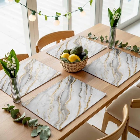 Abstract White Marble Texture Placemats Set of 4,Wipeable Washable Table Mats for Dining Tables, Retro Golden Veins Seamless Place Mats for Kitchen Event Party Tabletop Decor